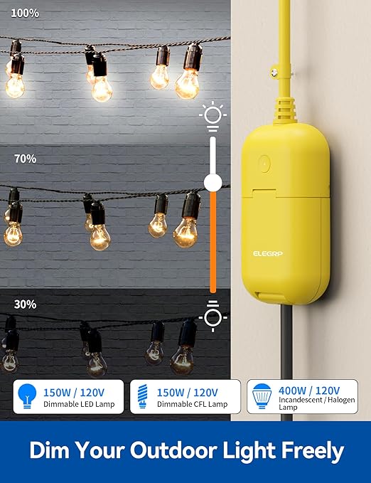 ELEGRP PQR11 Outdoor Smart Dimmer Plug Waterproof IP66, Smart WiFi Plug Compatible with Alexa & Google Assistant, Outdoor Dimmer for String Lights, No Hub Required, UL Certified, 1 Pack, Yellow