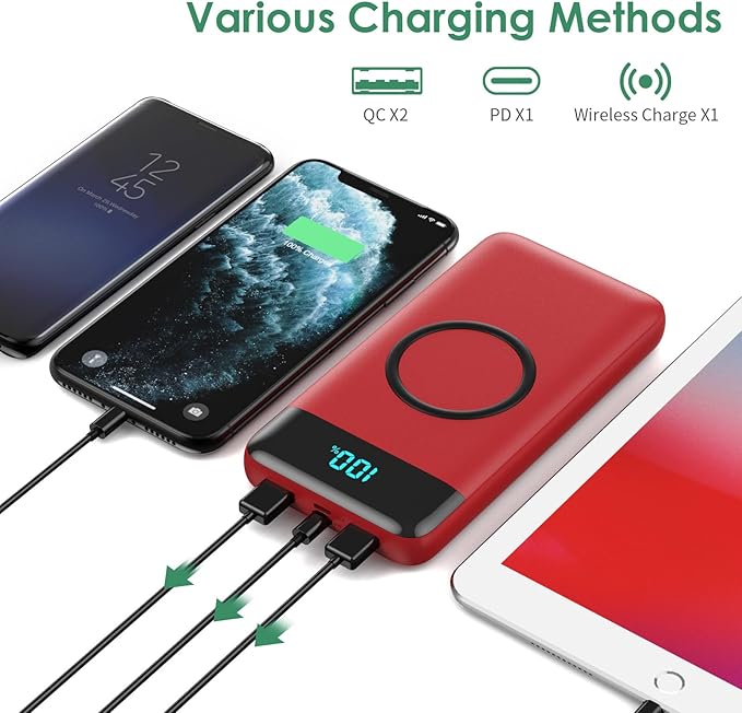 Wireless Portable Charger 30,800mAh 15W Wireless Charging 25W PD QC4.0 Fast Charging Smart LED Display USB-C Power Bank,4 Output& 2 Input External Battery Pack Compatible with iPhone,Samsung etc-Red