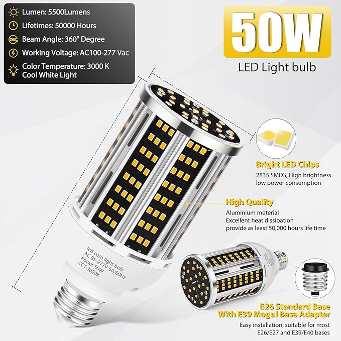 50W 2 pack LED Corn Light Bulb,3000K Warm White 6500LM(500W Equivalent ) Commercial GradeE26/E39 Medium Mogul Base LED Lamp,Large Area Lights For Outdoor Indoor Garage Warehouse Factory Bay Light