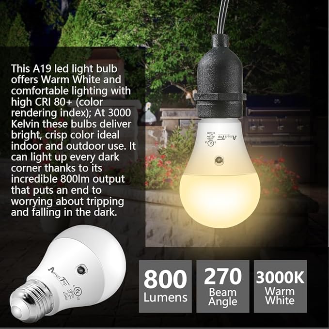 AmeriTop Dusk to Dawn Light Bulb- 4 Pack, A19 LED Sensor Light Bulbs; UL Listed, Automatic On/Off, 800 Lumen, 10W(60 Watt Equivalent), E26 Base, Indoor/Outdoor Lighting Bulb (3000K Warm White)