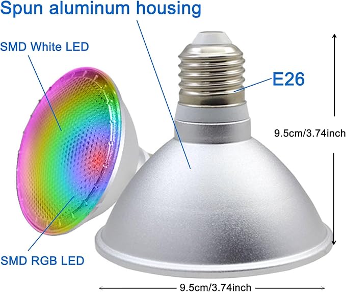 2Pack PAR30S LED Light Bulb, 30W RGB+Warm White LED Flood Light Indoor/Outdoor, Dimmable Color Changing Spotlight with Remote Control, Lawn Lamp for Home Courtyard Christmas Party Decoration