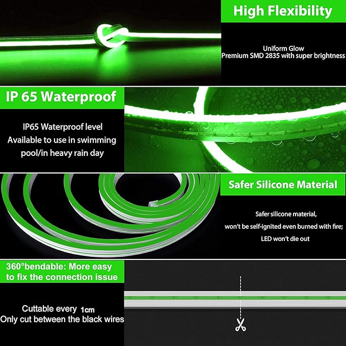 Lamomo LED Neon Lights, 16.4ft Green LED Strip Light, 12V 0.39In/Cut Silicone Waterproof Neon Rope Light, DIY Neon Sign for Bedroom Indoor Outdoor Decoration（Power Adapter not Included）