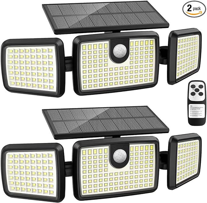 Solar Lights Outdoor, Quick Charge Solar Motion Deck Lights Outdoor for Deck with 232LEDs High Brightness, Larger Built-in Tempered Glass Panel, Sensitive PIR Motion Inductor (Remote,2 Pack)
