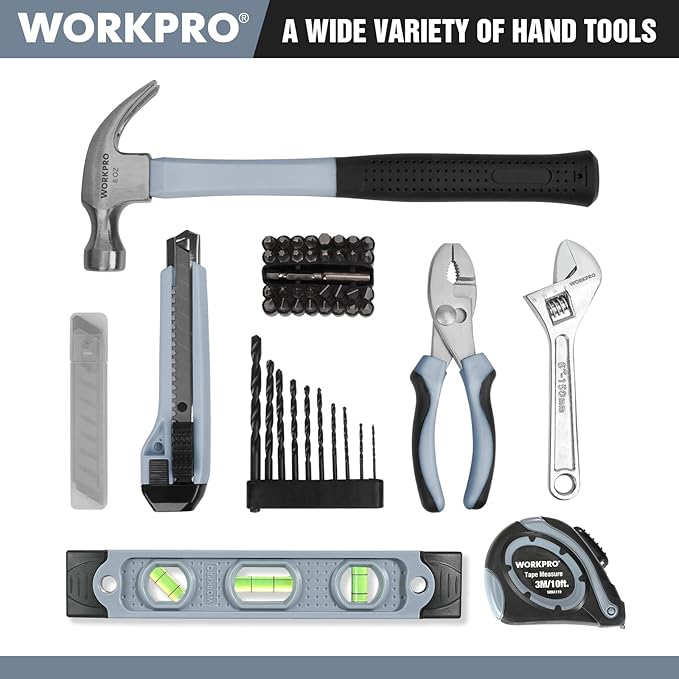 WORKPRO 12V Cordless Drill Driver and Home Tool Kit, Hand Tool Set for DIY, Home Maintenance, 14-inch Storage Bag Included