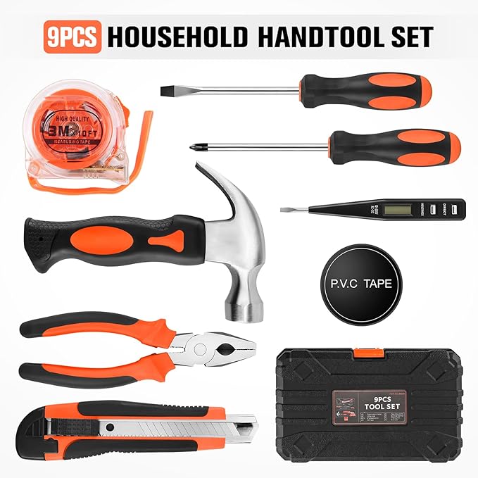 9 Piece Tool Kit for Home, Small Tool Sets for Men, Women, Mini Hand Tools with Plastic Tool box, Ideal for Household, Repair