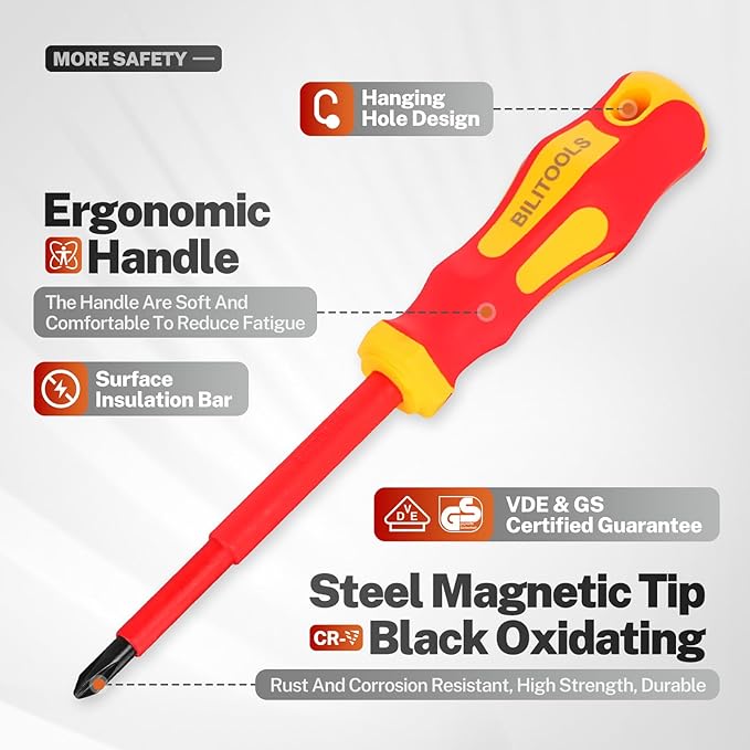 BILITOOLS Insulated Screwdriver Set, 9pcs 1000V Electrical Screwdriver Insulated VDE Tools for Electrician Magnetic Phillips Slotted Pozidriv Tips