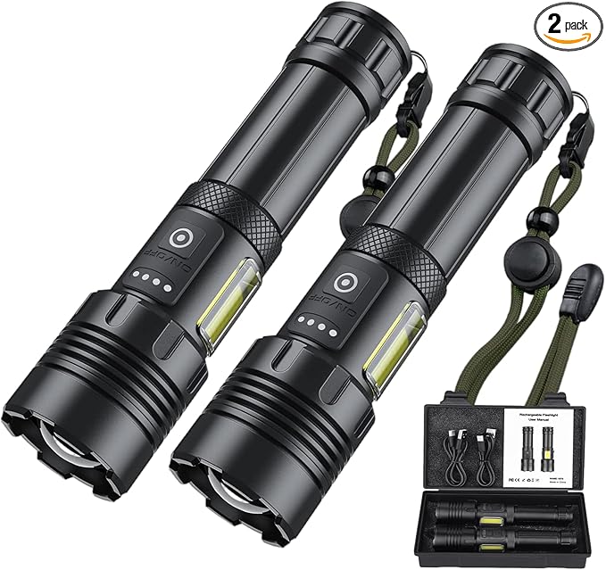 Rechargeable Flashlights High Lumens, 7 Mode Red Flashlight Rechargeable with Side Work Light, Super Bright Tactical Flashlight, High Powered Linternas LED Flashlight for Home Camping 2Pack
