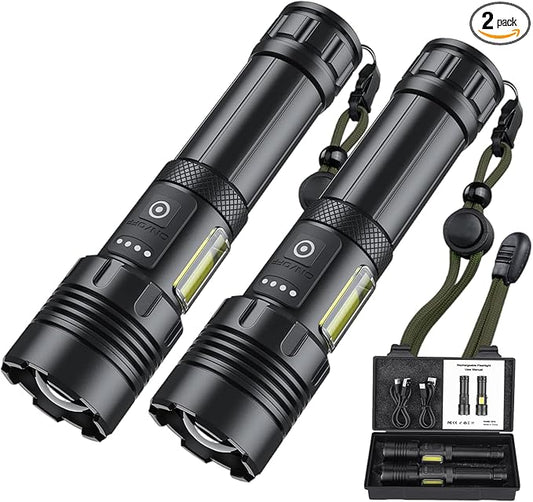 Rechargeable Flashlights High Lumens, 7 Mode Red Flashlight Rechargeable with Side Work Light, Super Bright Tactical Flashlight, High Powered Linternas LED Flashlight for Home Camping 2Pack