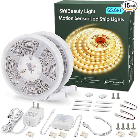 MY BEAUTY LIGHT Motion Activated LED Strip Lights, 65.6ft LED Light Strip with Day or Night 2 Lighting Modes,3 Timing Off Modes,Warm White 24v Plug-in LED Rope Lights for Under Cabinet,Kitchen,Stair