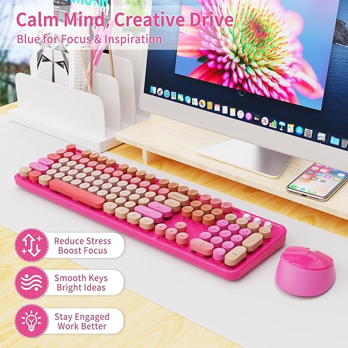 Wireless Keyboard and Mouse Combo, Retro Typewriter Keyboard with Round Keycaps, Full-Size Ergonomic, Red, Ideal for Windows PC, Home, Office, and College, Wireless Keyboard Mouse Combo