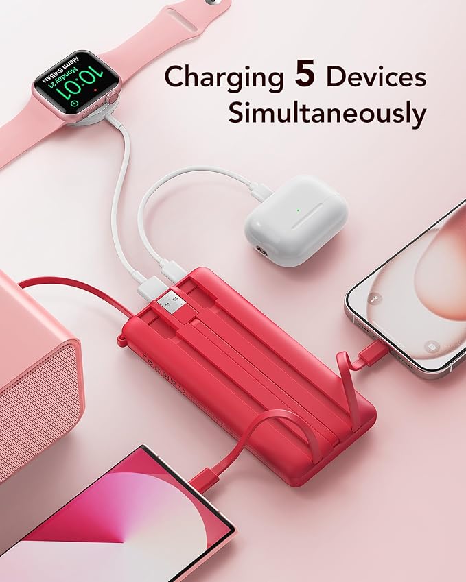 VRURC Portable Charger, 10000mAh Power Bank Built in Cables for iPhone, Slim Compact Travel Essentail, 5 Outputs 2 Inputs USB C Battery Pack for iPhone 16 15 14 13, Samsung, Android etc-Red