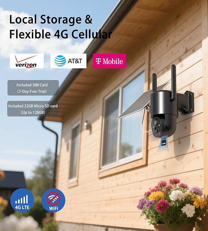 4G LTE Cellular Security Camera: No WiFi Security Camera Outdoor Solar Built-in SIM Card 2K Home Cameras System Wireless Outside Battery Powered with 360° Live View Color Night Vision Motion Detection