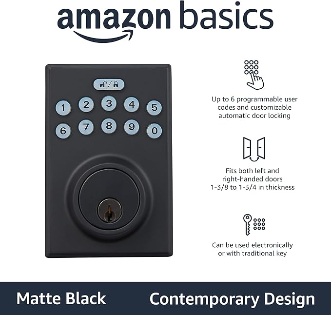 Amazon Basics Electronic Keypad Deadbolt Door Lock with Touch-Control Keyless Entry, Keyed Entry Option, Contemporary, Matte Black, 6-Pack