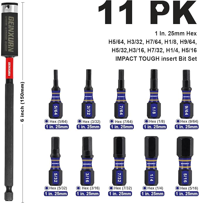 10pc 1" SAE Hex Head Impact Tough Magnetic Allen Wrench Drill Bits Set, 1/4" Hex Shank, S2 Steel, Impact Rated