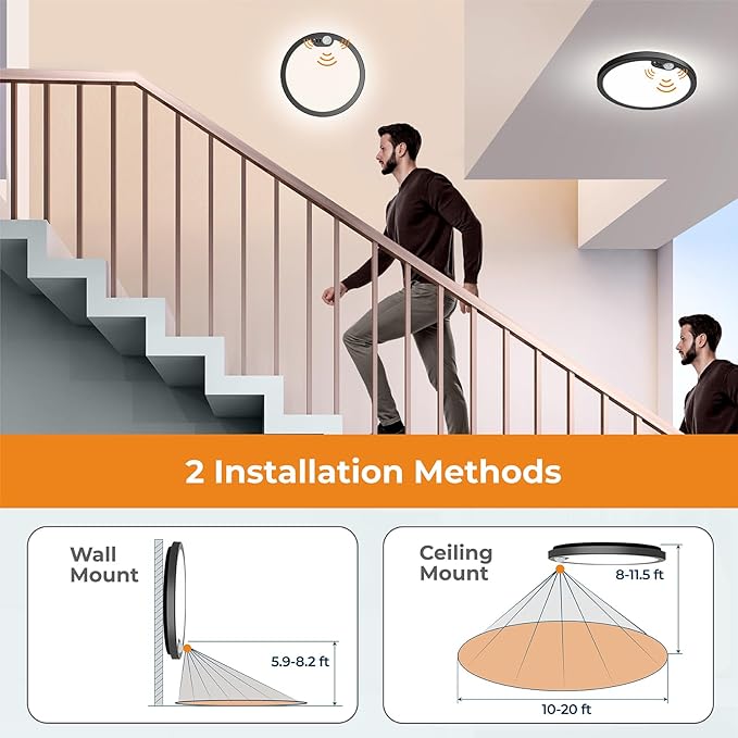 BLNAN Motion Sensor Ceiling Light Wired, 8.7 Inch 3000K 4000K 5000K Selectable Motion Activated LED Flush Mount Light Fixture with Timer for Walk-in Closet Laundry Hallway Stair, Black Frame, 2 Pack
