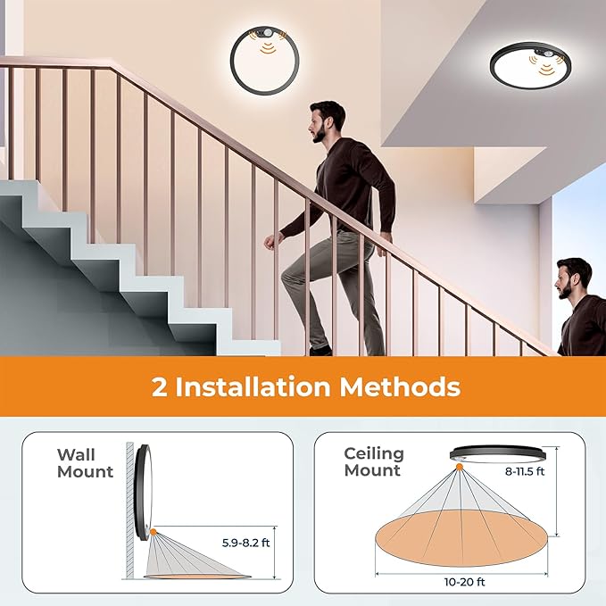 BLNAN Motion Sensor Ceiling Light Wired, 8.7 Inch 3000K 4000K 5000K Selectable LED Flush Mount Light Fixture, Motion Activated Light with Timer for Hallway Stair Walk-in Closet, Black Frame, 4 Pack