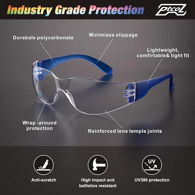 168 BULK PACK Safety Glasses in 7 Colors Unisex Clear Anti-Scratch Protective Goggles Impact Resistant Lens Eyewear with ANSI Z87.1 EN166 Certified Perfect for Construction, Shooting and Laboratory