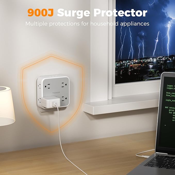 Multi Plug Outlet Extender, TESSAN Outlet Splitter with 8 Sockets and 3 USB (1 USB C), Wall Surge Protector with Power Switch, 3 Sided Multiple Wall Plug Extender for Home, Dorm Room, Office
