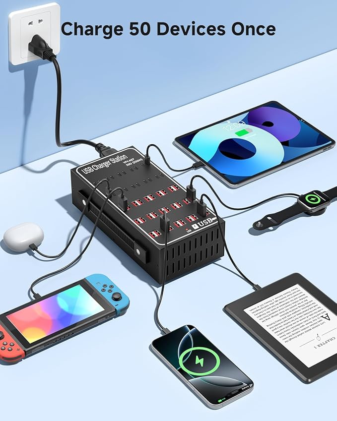 250W USB~c Charging Station, 50 Port (30 USB A & 20 USB~C Port) USB~C Charger Block, Fast Charging Station for Multiple Devices, Desktop USB Charger Compatible for iPhone, iPad, Tablets