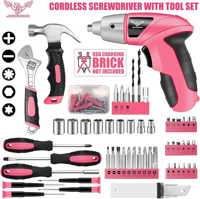 Pink Tool Kit with 3.6V USB Electric Screwdriver, 151 PCS Home Tool Set with Cordless Drill Set, Hand Tool Kits for Women