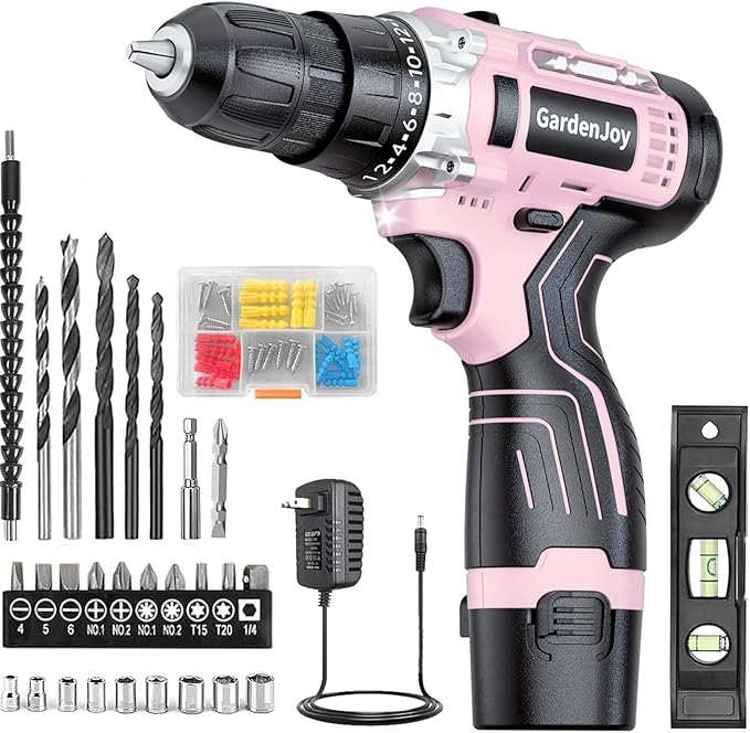 GardenJoy Cordless Power Drill Set: 12V Electric Drill with Battery and Charger, 65pcs Acessories, 3/8"Keyless Chuck, 2 Variable Speed, 24+1 Position, Compact Drill Driver Kit for Home & DIY Project