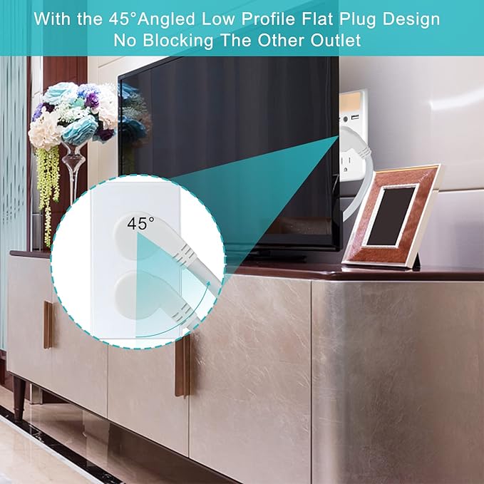 Short Flat Plug Extension Cord 1 Foot- Low Profile Right Angle Flat Plug 1FT Indoor AC Extension Cord White Short 3 Prong Grounded Extension Cord SJT 16AWG Heavy Duty Flexible Power Cord (2 Pack)