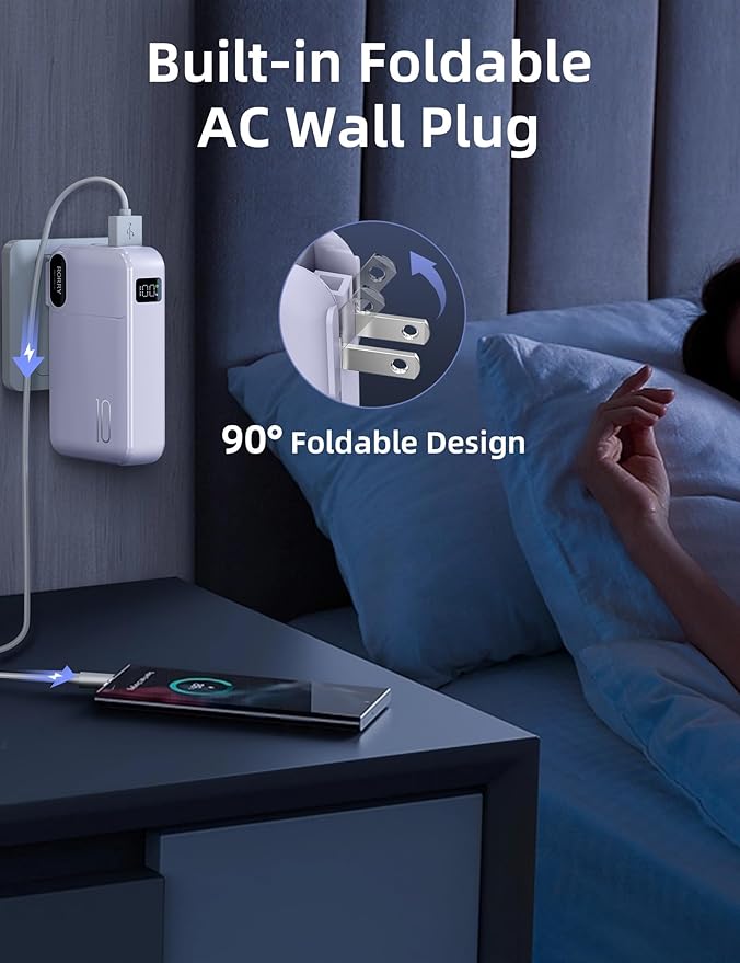 RORRY Portable Charger Built in Cables, AC Wall Plug in Portable Charger Power Bank 10000mAh Travel Battery Pack 22.5W Fast Charging for iPhone 16/15/14 Samsung Galaxy S24/S23 Pixel LG iPad, Purple
