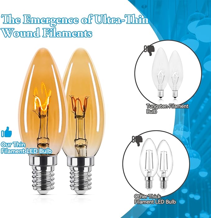 25 Watt Candelabra Bulbs, Dimmable E12 Chandelier Bulb, Ultra-Fine Filament Candelabra LED Bulbs 2W Equal 25W Vintage Amber Light Bulbs 2000K Soft Warm, 6 Pack
