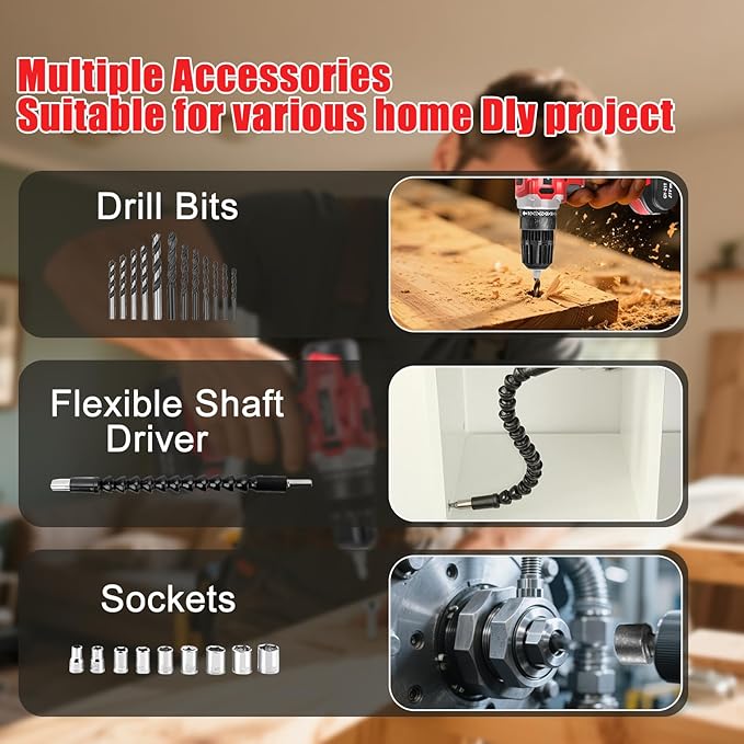 21V Power Drill Cordless Tool Kit Set, Electric Screwdriver Cordless Drill with Battery and Charger for Men Home, 3/8-Inch Keyless Chuck, Variable Speed, 24+1 Torque Setting with LED(Red)