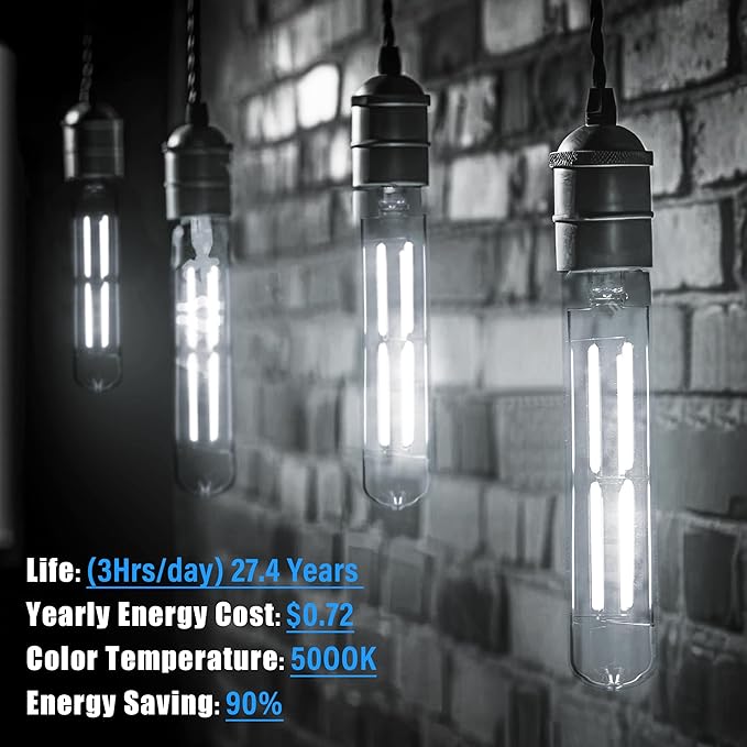 8.9IN LED Light Bulbs E26 Base, 6W 800LM 5000K Daylight White T10 T9 Vintage Edison Bulbs Dimmable, AC 120V Equal 80 Watt Clear Glass Long Tubular Filament Bulb, UL Listed - 4Pack