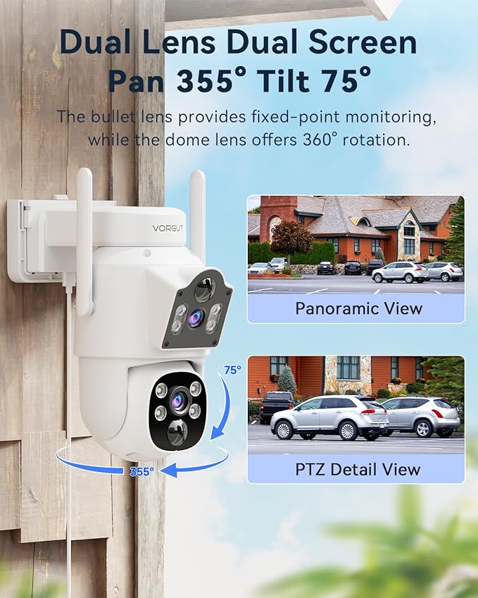 Solar Camera Outdoor Wireless System, 4MP+ 4MP Dual Lens Solar Powered Camera for Home Security with 12'' Monitor 16CH NVR, 360° PTZ, 2.4G/5G WiFi, Human Detection, Color Night Vision, 500G HDD