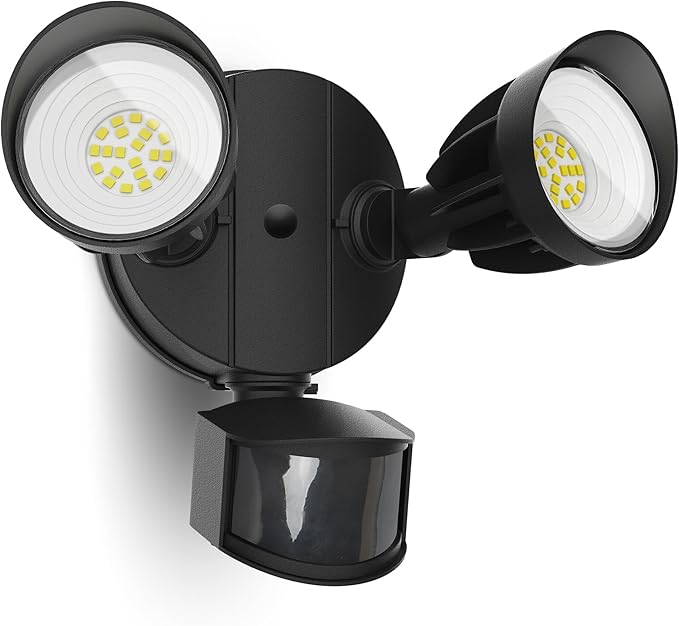 UME LED Security Light Motion Sensor Outdoor Lights, 27W 3000LM, 5000K, IP65 Waterproof, Dusk to Dawn, 2 Head Motion Detector Flood Light for Outside, Garage, Yard (Black)