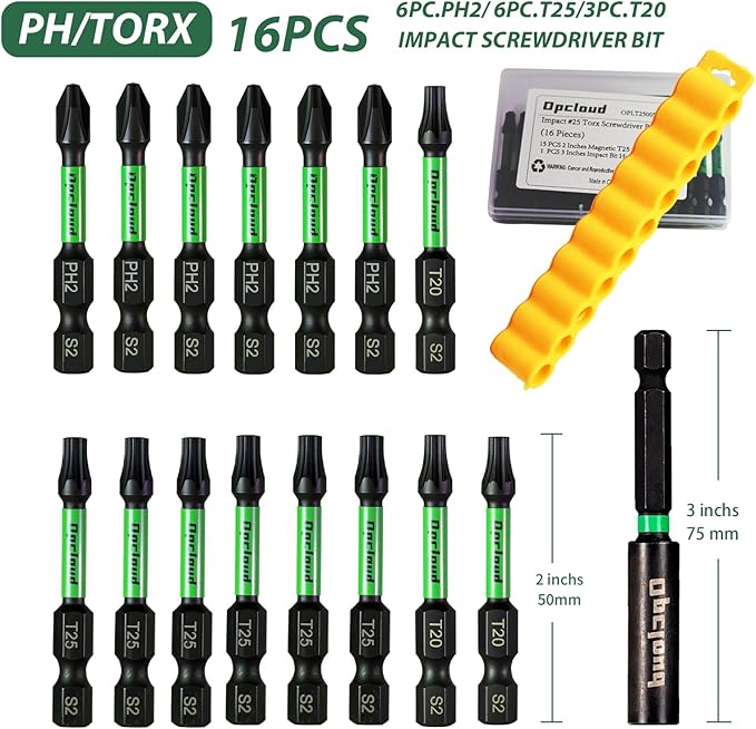 Impact Screwdriver Bit Set, 16 Pieces 2” Phillips/Torx Tips S2 Steel Magnetic Driver Power Bit Set with Extension Impact Bit Holder