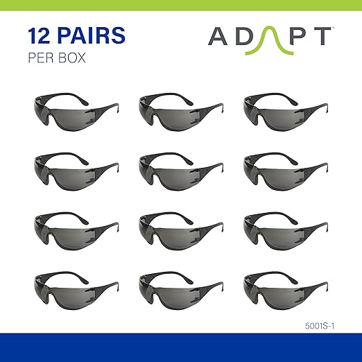 Adapt Moldex Safety Glasses (5001S-1), Smoke Lens with Black Frame, ANSI Z87.1 Certified, Anti-Fog, Scratch & UV Resistant, Unisex PPE Work Eyewear Protection for Men and Women (12-Pack)