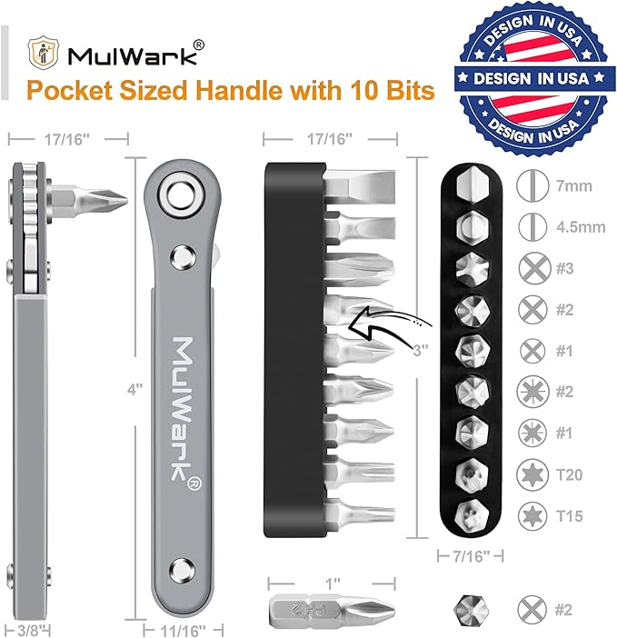 MULWARK 11pc Right Angle Screwdriver 1/4 Mini Ratchet Wrench Close Quarters Pocket Screwdriver Set with High Torque & Low Profile- EDC Tool with 90 Degree Mini Offset Reversible Drive Handle