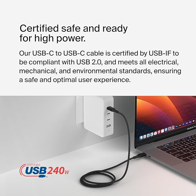 Belkin USB C to USB C Cable, 6.6ft, 240W - Type C Charger, iPhone Charger Cord, Fast Charging for iPhone 16, Galaxy S25, Pixel 9, MacBook, Chromebook, iPad Pro, Switch Steam Deck - Black