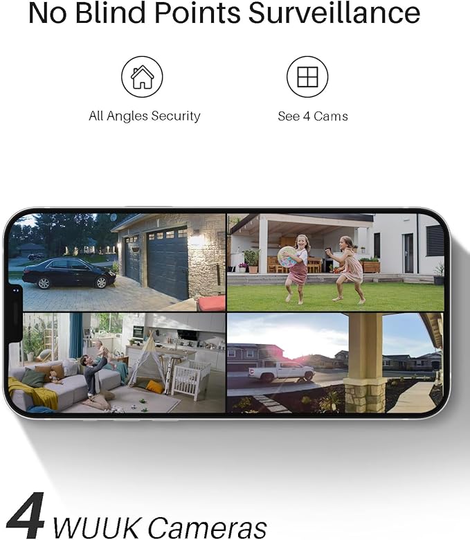 WUUK 2K Solar Security Cameras Wireless Outdoor, 4 Cam-Kit Home Security System, Color Night Vision, Forever Power, No Subscription, 32G Local Storage, Compatible for Alexa, Google Home, 2.4G&5G WiFi