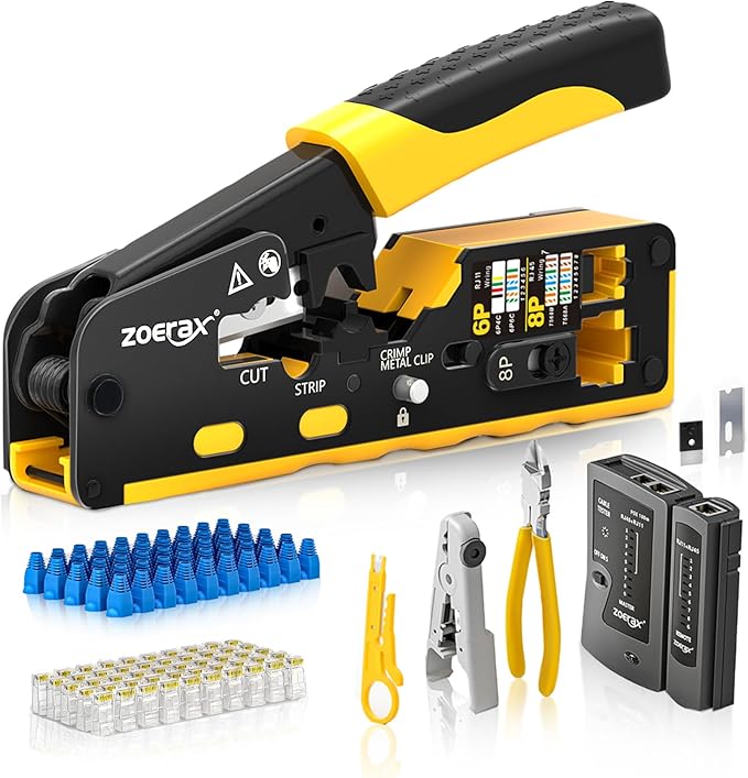Cat7 RJ45 Crimping Tool, Cat 7 Cat6 Cat5 Pass Through Ethernet Crimping Tool Kit, Network Crimping Tool With Cable Tester, Multiply Stripper, Blades,50Pcs Cat 6 Connectors and Strain Relief Boots