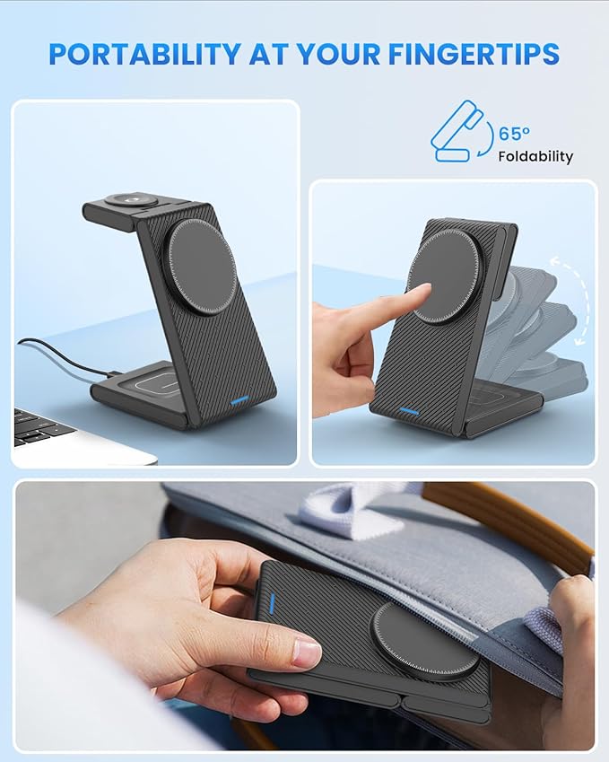 Wireless Charger Magnetic for Apple Devices - JoyGeek 3 in 1 Foldable Charging Station for Magsafe Compatible with iPhone 16 15 14 13 12 Pro Max Plus, Apple Watch 10 9 8 7 6 5 4 SE, AirPods 4/3/2/Pro