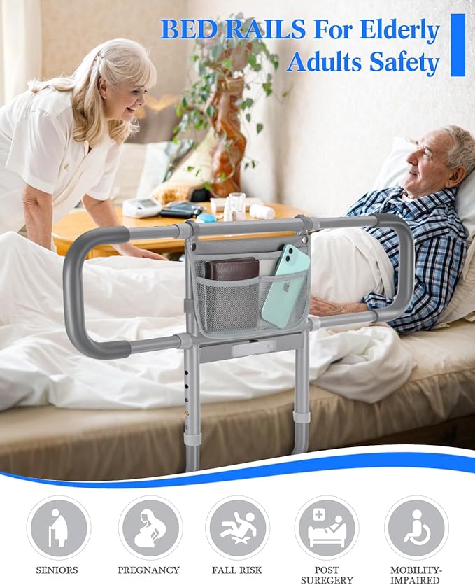 Bed Rails for Elderly Adults Safety, Extended Bed Assist Rail for Seniors with Motion Sensor Light - Adjustable Side Bed Guard Rails Handle Support Bar with Storage Bag, Fit King Queen Full Twin Bed