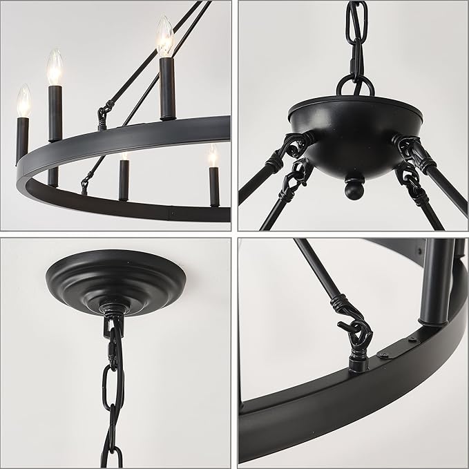 40 Inch Black Farmhouse Wagon Wheel Chandelier,12-Light Round Industrial Pendant Light fixtures for Outdoor Porch high Ceilings Living Dining Room Foyer Entryway