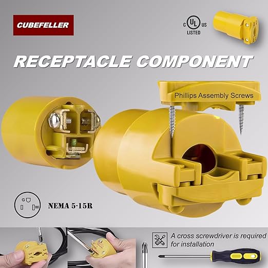 CUBEFELLER® Electrical Replacement Plug & Connector Set, Extension Cord Ends Male and Female, 3 Prong, 15Amp, 125Volt, NEMA 5-15P & NEMA 5-15R, UL Listed,5 Set,Comes with a Screwdriver,ER0105S