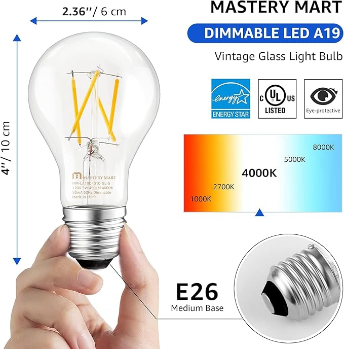 MASTERY MART 30 Pack E26 LED Bulb 40 Watt Equivalent Light Bulbs, Efficient 5W, Dimmable, 450 Lumens, 4000K Cool White Classic Clear Glass A19 LED Filament Bulb