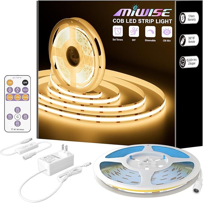 MIWISE COB LED Strip,2700K Warm White 20ft/6.1m,Dimmable Super Bright 24V LED Strip Light,CRI 90+ Flexible Tape Light with RF Remote Timer Function,for Shelf/Cabinet/Bedroom/TV DIY Lighting Project