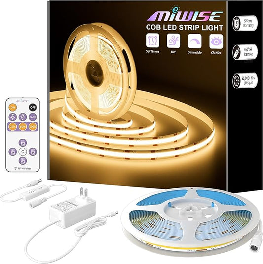 MIWISE COB LED Strip,2700K Warm White 20ft/6.1m,Dimmable Super Bright 24V LED Strip Light,CRI 90+ Flexible Tape Light with RF Remote Timer Function,for Shelf/Cabinet/Bedroom/TV DIY Lighting Project