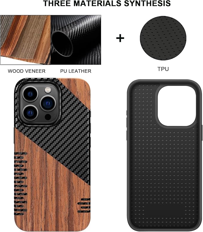 TENDLIN Compatible with iPhone 15 Pro Max Case Wood Grain with Carbon Fiber Texture Design Leather Hybrid Slim Case (Twill)