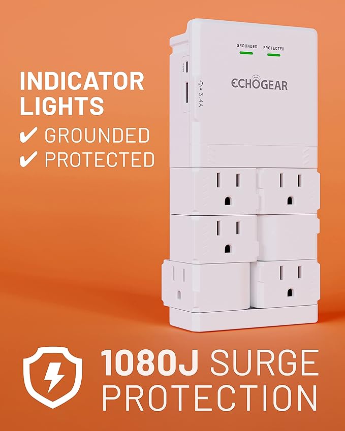 ECHOGEAR Wall Outlet with USB Ports & Surge Protection - Power Protect 8 Devices 6 Rotating AC Plugs 2 Includes 1x USB-C Port USB-A White