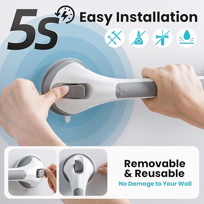 TAILI Shower Grab Bar Glow in The Dark, 2 Pack 16.8 in Grab Bars for Bathtubs and Showers,Shower Handles Shower Rails for Seniors and Elderly,Bathroom Safety Grip Removable No Drilling Waterproof Grey