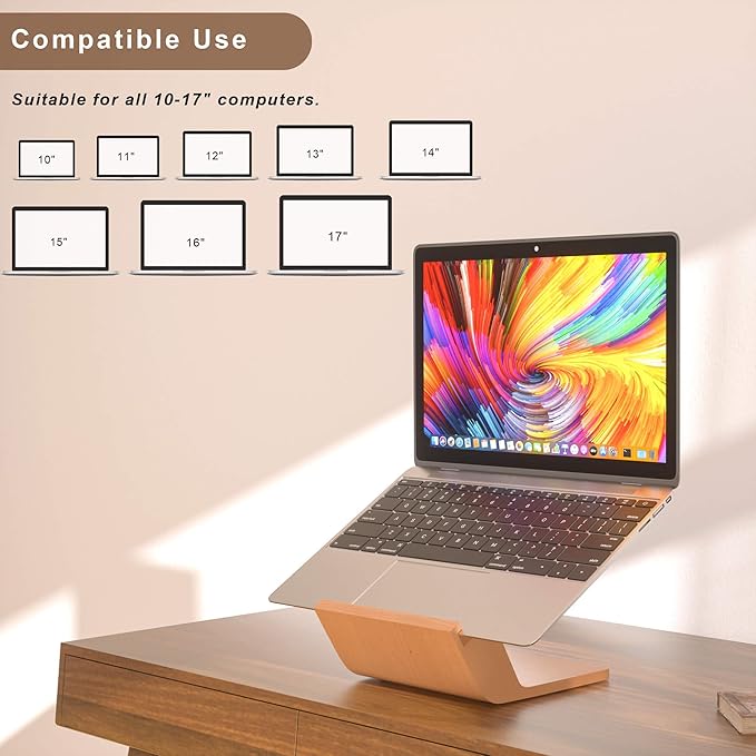 Wooden Laptop Stand, Ergonomic Computer Stand for Desk, Portable Laptop Riser, Notebook Stand Holder Compatible with MacBook Pro/Air, Dell, HP, Lenovo and All Laptops (10-17 inch), Wood
