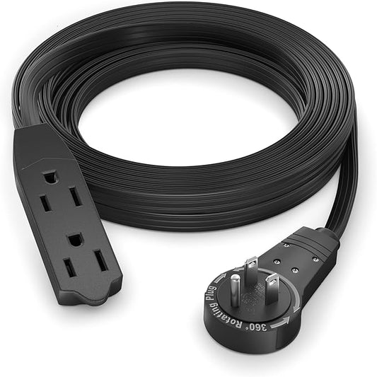 Maximm Cable 12 Ft 360° Rotating Flat Plug Extension Cord/Wire, 16/3 AWG Multi 3 Outlet 3-Prong Grounded Wire- Black - UL Certified
